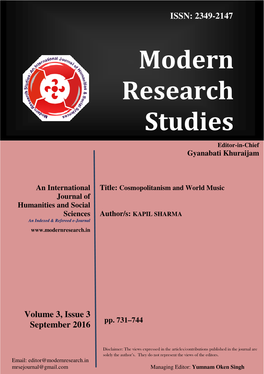 Cosmopolitanism and World Music Journal of Humanities and Social Sciences Author/S: KAPIL SHARMA an Indexed & Refereed E-Journal