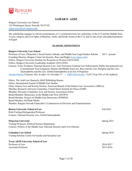 SAHAR F. AZIZ Rutgers University Law School 123 Washington Street, Newark, NJ 07102 Sahar.Aziz@Law.Rutgers.Edu