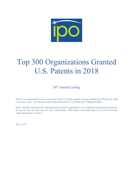 Top 300 Organizations Granted U.S. Patents in 2018