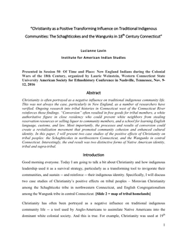 Christianity As a Positive Transforming Influence on Traditional Indigenous Communities: the Schaghticokes and the Wangunks in 18Th Century Connecticut”