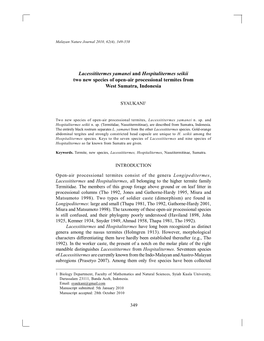 Lacessititermes Yamanei and Hospitalitermes Seikii Two New Species of Open-Air Processional Termites from West Sumatra, Indonesia