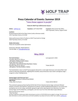 Press Calendar of Events: Summer 2019 *New Shows Appear in Purple*
