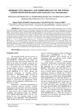 REPRODUCTIVE BIOLOGY and TERRITORIALITY of the WEDGE- TAILED GRASS-FINCH ( Emberizoides Herbicola ) (Aves: Passeriformes)