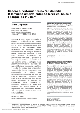 Gênero E Performance No Sul Da Índia O Feminino Ambivalente: Da Força Da Deusa a 1 Negação Da Mulher