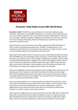 Presenter Yalda Hakim to Join BBC World News