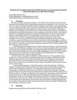 Students for Sensible Drug Policy (SSDP) Spring 2015 Symposium Proposal: Critical Perspectives on the War on Drugs