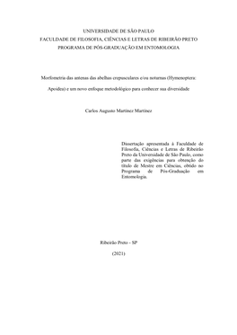 Universidade De São Paulo Faculdade De Filosofia, Ciências E Letras De Ribeirão Preto Programa De Pós-Graduação Em Entomologia