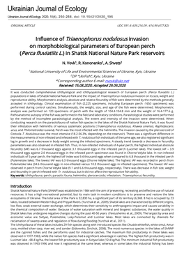 Influence of Triaenophorus Nodulosus Invasion on Morphobiological Parameters of European Perch (Рerca Fluviatilis L.) in Shatsk National Nature Park Reservoirs