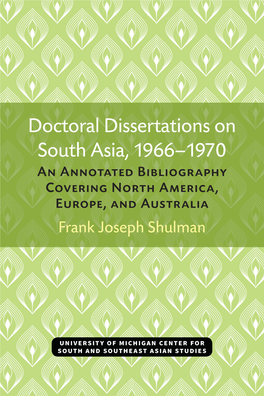 Doctoral Dissertations on South Asia, 1966-1970