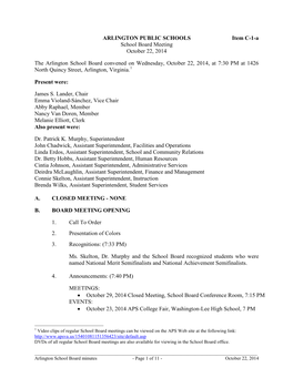 ARLINGTON PUBLIC SCHOOLS Item C-1-A School Board Meeting October 22, 2014