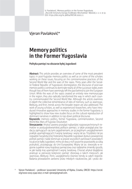 Memory Politics in the Former Yugoslavia, „Rocznik Instytutu Europy Środkowo-Wschodniej” 18(2020), Z