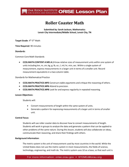 ORISE Lesson Plan: Roller Coaster Math