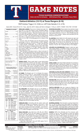Oakland Athletics (12-11) at Texas Rangers (8-16) RHP Andrew Triggs (1-0, 5.82) Vs