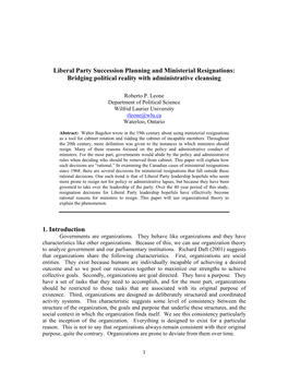 Liberal Party Succession Planning and Ministerial Resignations: Bridging Political Reality with Administrative Cleansing