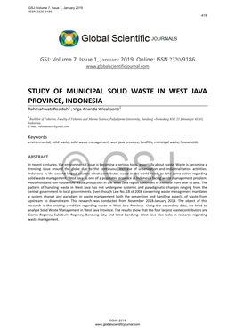 STUDY of MUNICIPAL SOLID WASTE in WEST JAVA PROVINCE, INDONESIA Rahmahwati Rosidah1 , Viga Ananda Wicaksono1