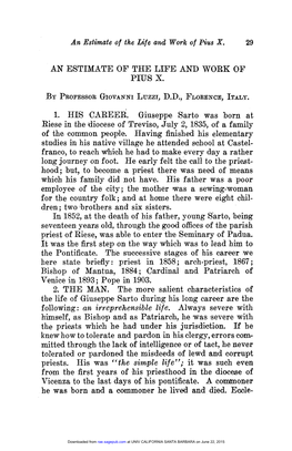 AN ES'timate of the LIFE and WORK O:F' PIUS X. 1. HIB