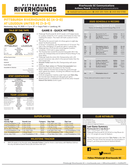 PITTSBURGH RIVERHOUNDS SC (4-3-0) 2020 SCHEDULE & RECORD at LOUDOUN UNITED FC (1-3-1) Wednesday, Aug