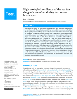 High Ecological Resilience of the Sea Fan Gorgonia Ventalina During Two Severe Hurricanes