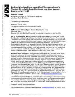 BAM and Wordless Music Present Paul Thomas Anderson's Phantom Thread with Oscar Nominated Live Score by Jonny Greenwood On