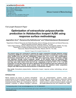 Optimization of Extracellular Polysaccharide Production in Halobacillus Trueperi AJSK Using Response Surface Methodology