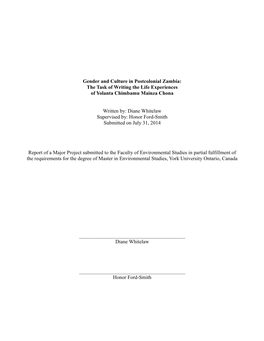 Gender and Culture in Postcolonial Zambia: the Task of Writing the Life Experiences of Yolanta Chimbamu Mainza Chona