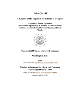 Papers of John Ciardi [Finding Aid]. Library of Congress