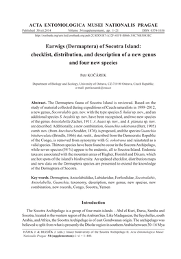 Earwigs (Dermaptera) of Socotra Island: Checklist, Distribution, and Description of a New Genus and Four New Species