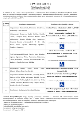 OBWIESZCZENIE Wójta Gminy Kowale Oleckie Z Dnia 24 Kwietnia 2019 Roku