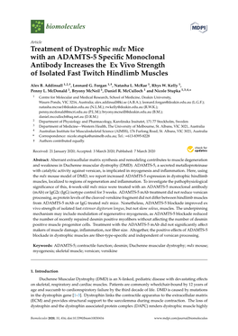 Treatment of Dystrophic Mdx Mice with an ADAMTS-5 Specific