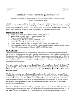 Hormel Earnings Release Q3 2019