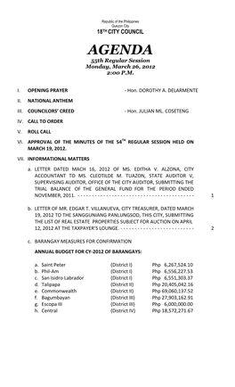 AGENDA 55Th Regular Session Monday, March 26, 2012 2:00 P.M