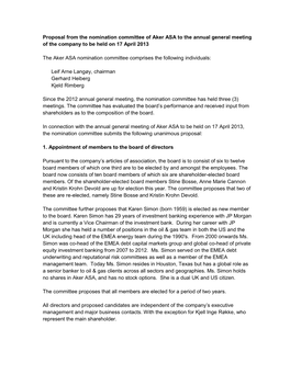 Proposal from the Nomination Committee of Aker ASA to the Annual General Meeting of the Company to Be Held on 17 April 2013