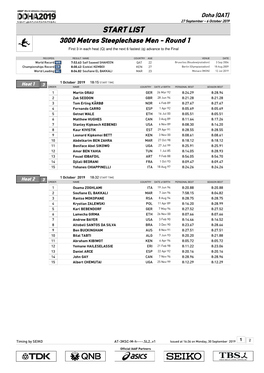 START LIST 3000 Metres Steeplechase Men - Round 1 First 3 in Each Heat (Q) and the Next 6 Fastest (Q) Advance to the Final