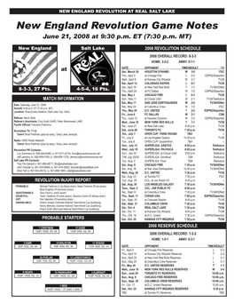 New England Revolution Game Notes June 21, 2008 at 9:30 P.M