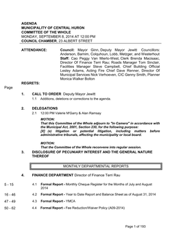 Agenda Municipality of Central Huron Committee of the Whole Monday, September 8, 2014 at 12:00 Pm Council Chamber, 23 Albert Street