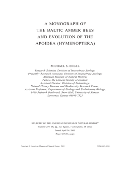 A Monograph of the Baltic Amber Bees and Evolution of the Apoidea (Hymenoptera)