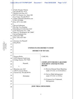 Case 2:08-Cv-01174-PMP-GWF Document 1 Filed 09/05/2008 Page 1 of 27