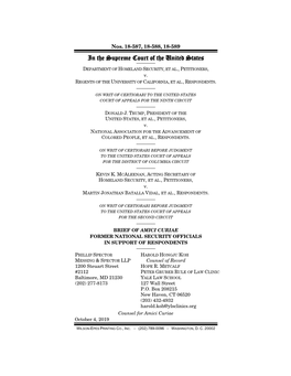 FORMER NATIONAL SECURITY OFFICIALS in SUPPORT of RESPONDENTS ———— PHILLIP SPECTOR HAROLD HONGJU KOH MESSING & SPECTOR LLP Counsel of Record 1200 Steuart Street HOPE R