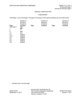 CENTURYLINK OPERATING COMPANIES TARIFF F.C.C. NO. 5 4Th Revised Page 1 Cancels 3Rd Revised Page 1