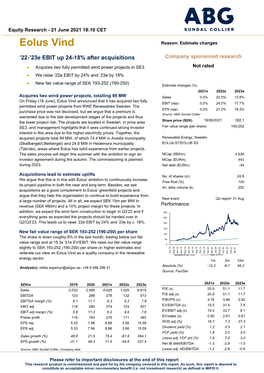 Eolus Vind Reason: Estimate Changes