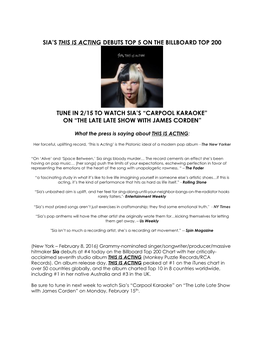 Sia This Is Acting Charting Press Release February 8, 2016