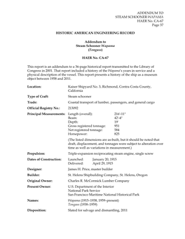 ADDENDUM to STEAM SCHOONER WAPAMA HAER No. CA-67 Page 37