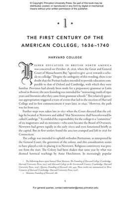 The First Century of the American College, 1636–­1740