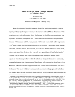Slavery at Rose Hill Manor, Frederick, Maryland: a Preliminary Report1