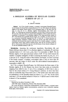 A Boolean Algebra of Regular Closed Subsets of ßx- X