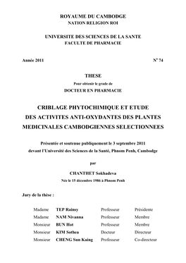 Criblage Phytochimique Et Etude Des Activites Anti-Oxydantes Des Plantes Medicinales Cambodgiennes Selectionnees