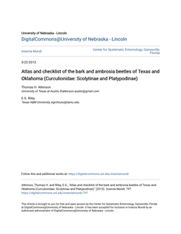 Atlas and Checklist of the Bark and Ambrosia Beetles of Texas and Oklahoma (Curculionidae: Scolytinae and Platypodinae)