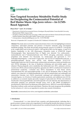 Non-Targeted Secondary Metabolite Profile Study for Deciphering the Cosmeceutical Potential of Red Marine Macro Alga Jania Rubens—An LCMS- Based Approach