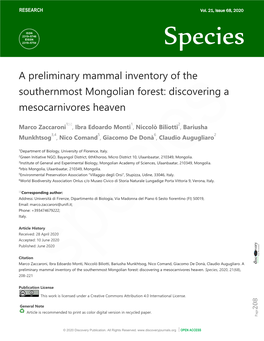 A Preliminary Mammal Inventory of the Southernmost Mongolian Forest: Discovering a Mesocarnivores Heaven