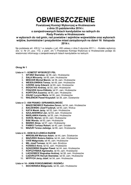 OBWIESZCZENIE Powiatowej Komisji Wyborczej W Hrubieszowie Z Dnia 23 Października 2014 R